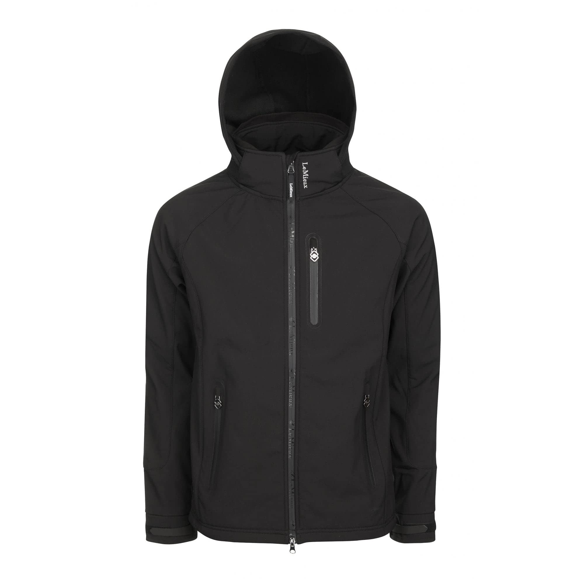 LeMieux Mens Elite Soft Shell Jacket in Black - 2 Way Zip - Lightweight - Detachable Hood - Adjustable Cuffs - Small
