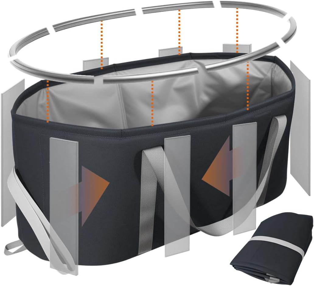 Foldable Laundry Basket 98.8L Waterproof Oxford Cloth Collapsible Laundry Basket with Plastic Supports on the Bag Opening and Sides - Black