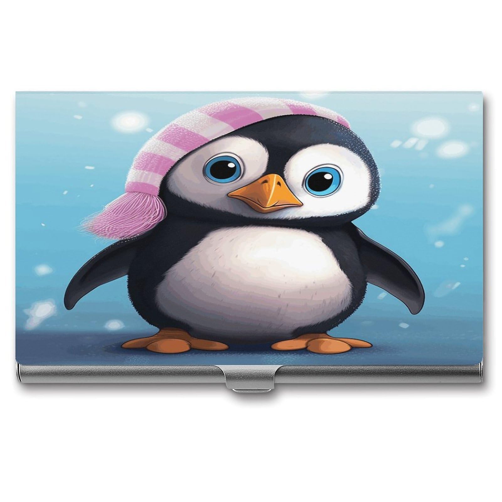 JTREHY Lovely Penguin Business Card Holder Slim Purse Name Card Holder Portable Metal Business Card Case Wallet Large Capacity Lightweight Business Card Case for Men Women