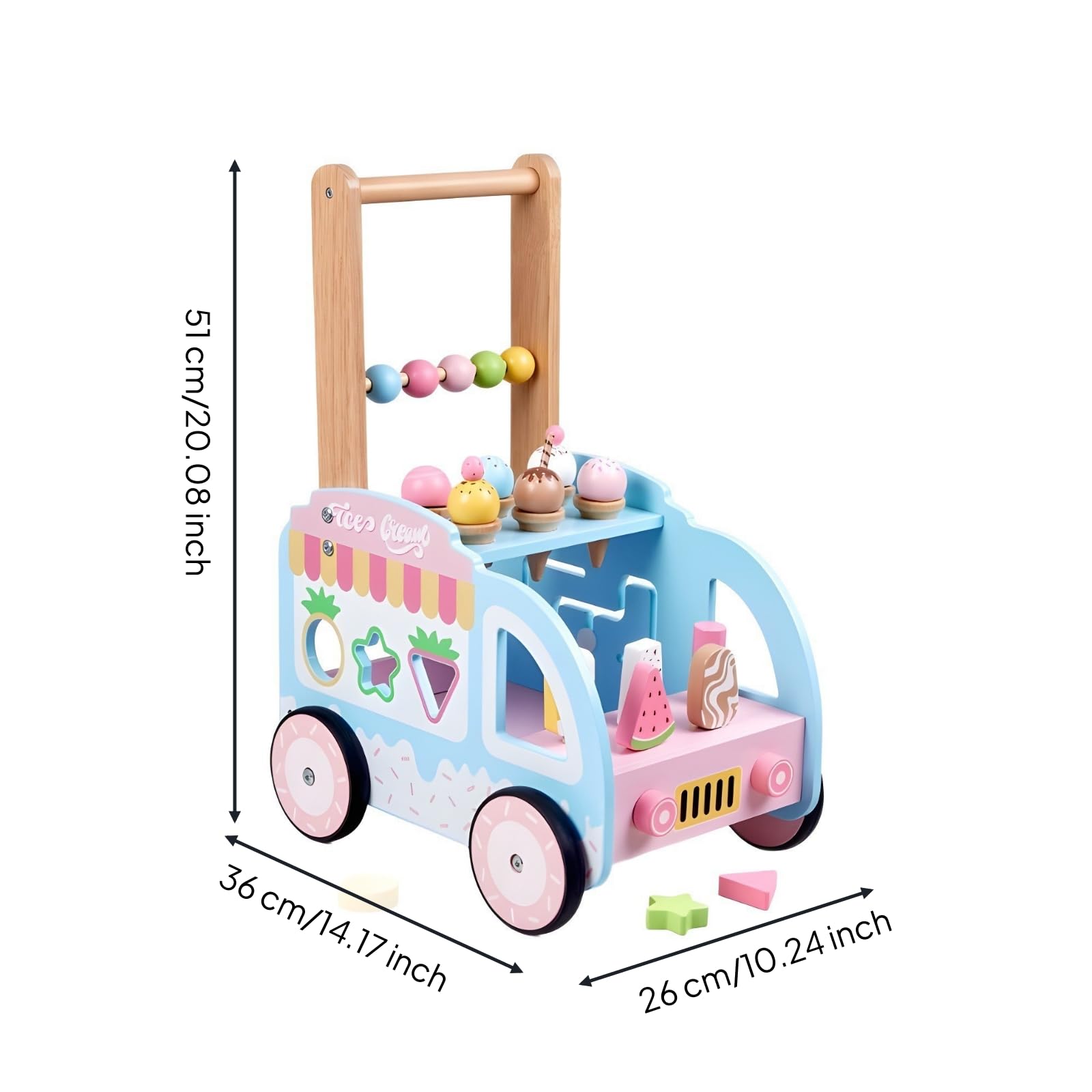 Children Lernlaufer Lauflernwagen Holz Interaktives Eiscreme-shop Motorikspiel mit Formsortierpanel für Kinder Lernen Fantasievolle Spielzeit Aktivitäten