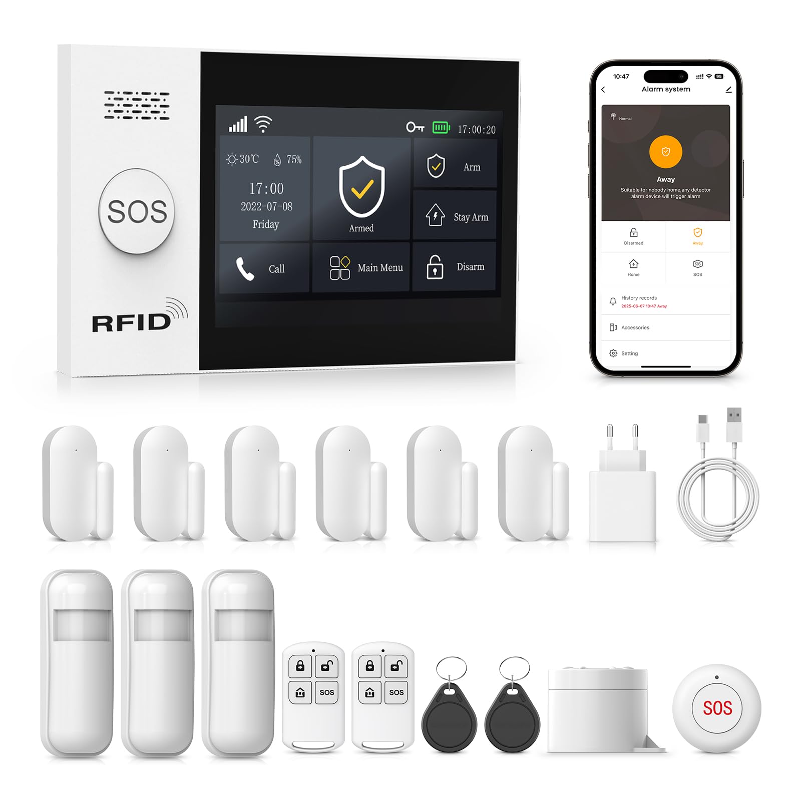 PGST Kit Alarma Casa con Aviso al Movil, Sistema de Alarma para Casa WiFi y gsm sin cuotas con Pantalla Táctil 4.3” y Batería de 1000 mAh, Aplicación Tuya Smart Life, Alexa y Google