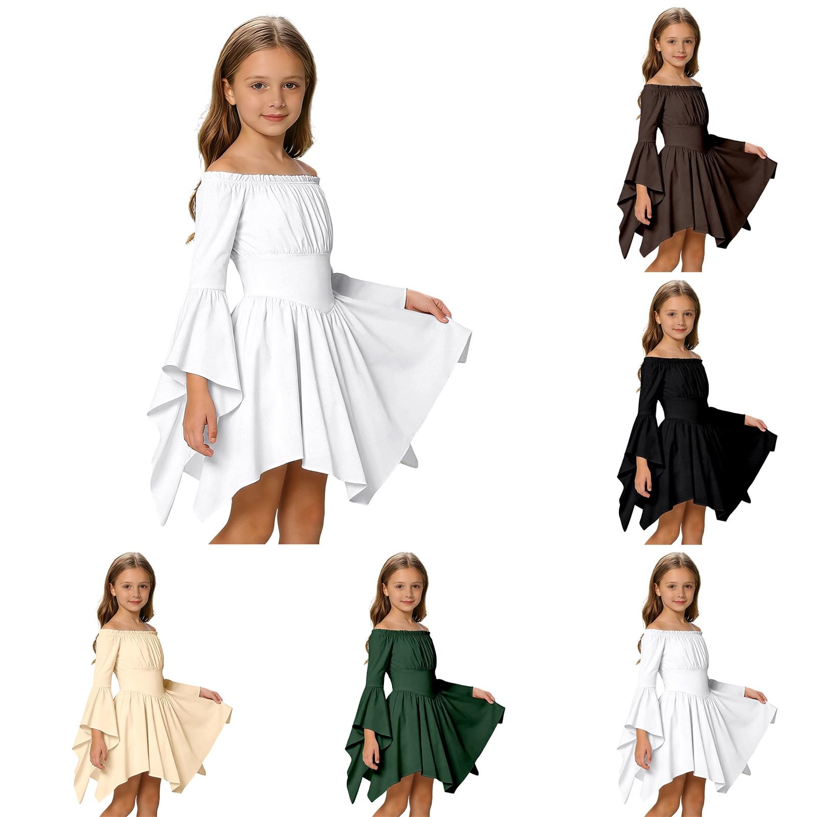 Piratenkostüm Mädchen Chiffon Prinzessin Kleid Weißes Schulterfreiem Mädchenkleid Unregelmäßiger A-Linie Rüschenkleid Mädchen Piraten Kleid Cosplay Faschingskostüme Kinder Karneval Kostüm