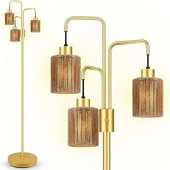BoostArea Industrial Floor Lamp for Living Room,Gold Modern Standing Lamp Stand Up Lamp with 3 Light, Bulbs Not Included,Simple Design Floor Lamp for Bedroom, Living Room, Office, Kids Room, Reading