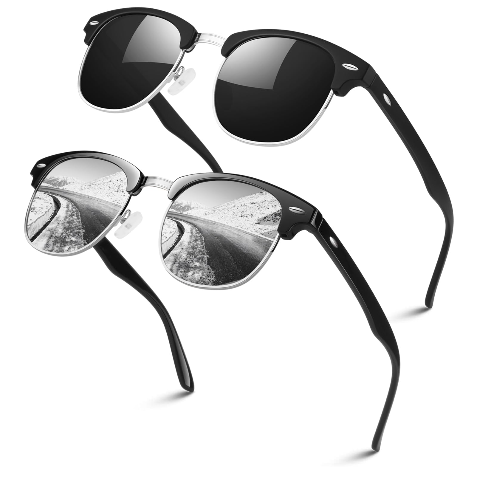 Polarized Semi Rimless Sunglasses for Men Women, Classic Retro Shades Half Frame Driving Sun Glasses UV Protection