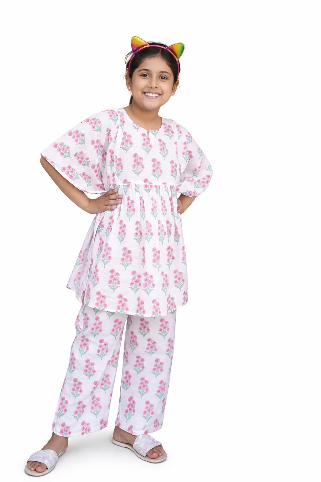 Pink Turquoise Boota Kaftan Dress | 100% Cotton Printed Ethnic Dress for Kids, Girls & Women| Kaftan Set | Comfortable, Relaxed Casual (in, Age, 3 Years, Baby Girls, Pink)-image-44