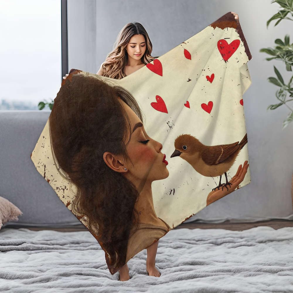 Couverture en flanelle 150 x 200 cm avec grand imprimé femme oiseaux et cœurs tendres