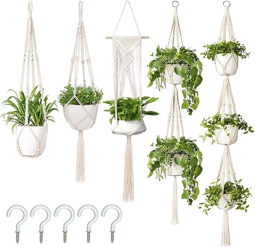 GUDELAK Lot de 5 suspensions en macramé pour plantes d'extérieur et intérieur + 5 crochets, panier décoratif pour décoration d'intérieur (différents niveaux, 5 tailles)