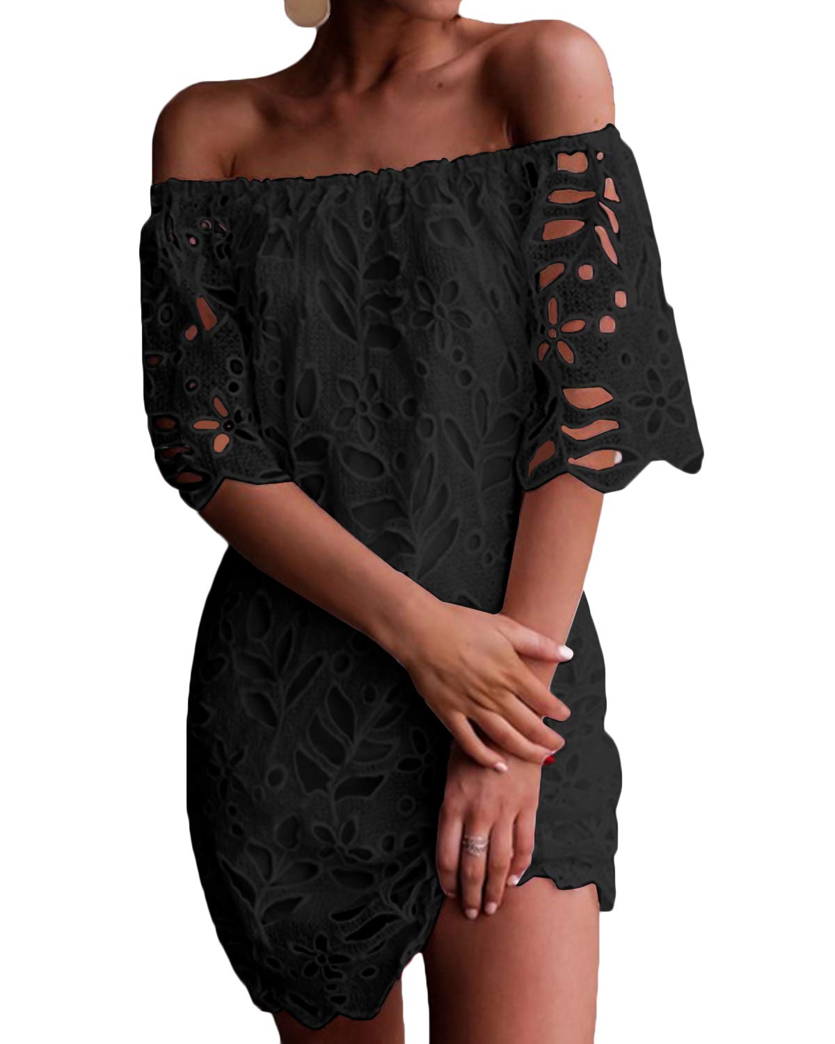 YOINS Sommerkleid Damen Kurz Sexy Kleider Schulterfrei Lange Ärmel Lace Minikleider Elegant Einfarbig Strandkleid