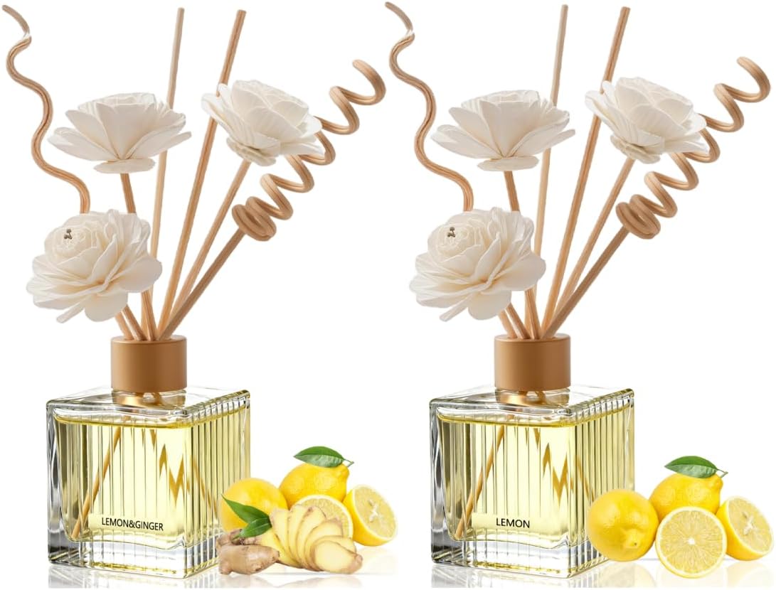 Lemon & Lemon Ginger Citrus Harmony Reed Diffuser Duo - 2×200ml Glass Bottles with Natural Rattan Sticks & Dried Flowers | Energizing Home Fragrance Set for Living Room, Kitchen, Office, Bedroom | Upl