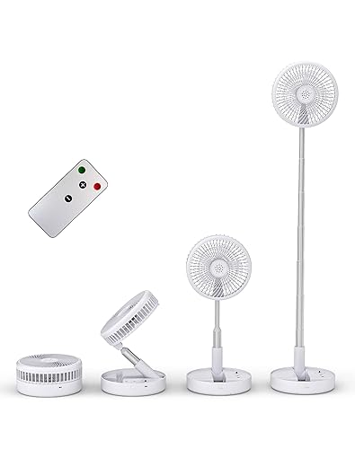 Primevolve 7.7 Inch Portable Standing Pedestal Fan with Remote Control, Foldable Electric Fan, 7200mAh Rechargeable Battery, Silent for Bedroom/Office, Travel Fan - White, PF11R - White