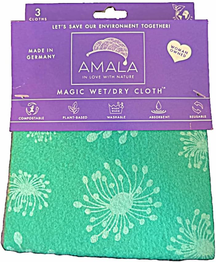 Amala Magic Wet or Dry Cloth 12 x 14 (3-Pack) 100% Natural, Reusable German Dishcloths, Highly Absorbent, Vegan, Non-GMO