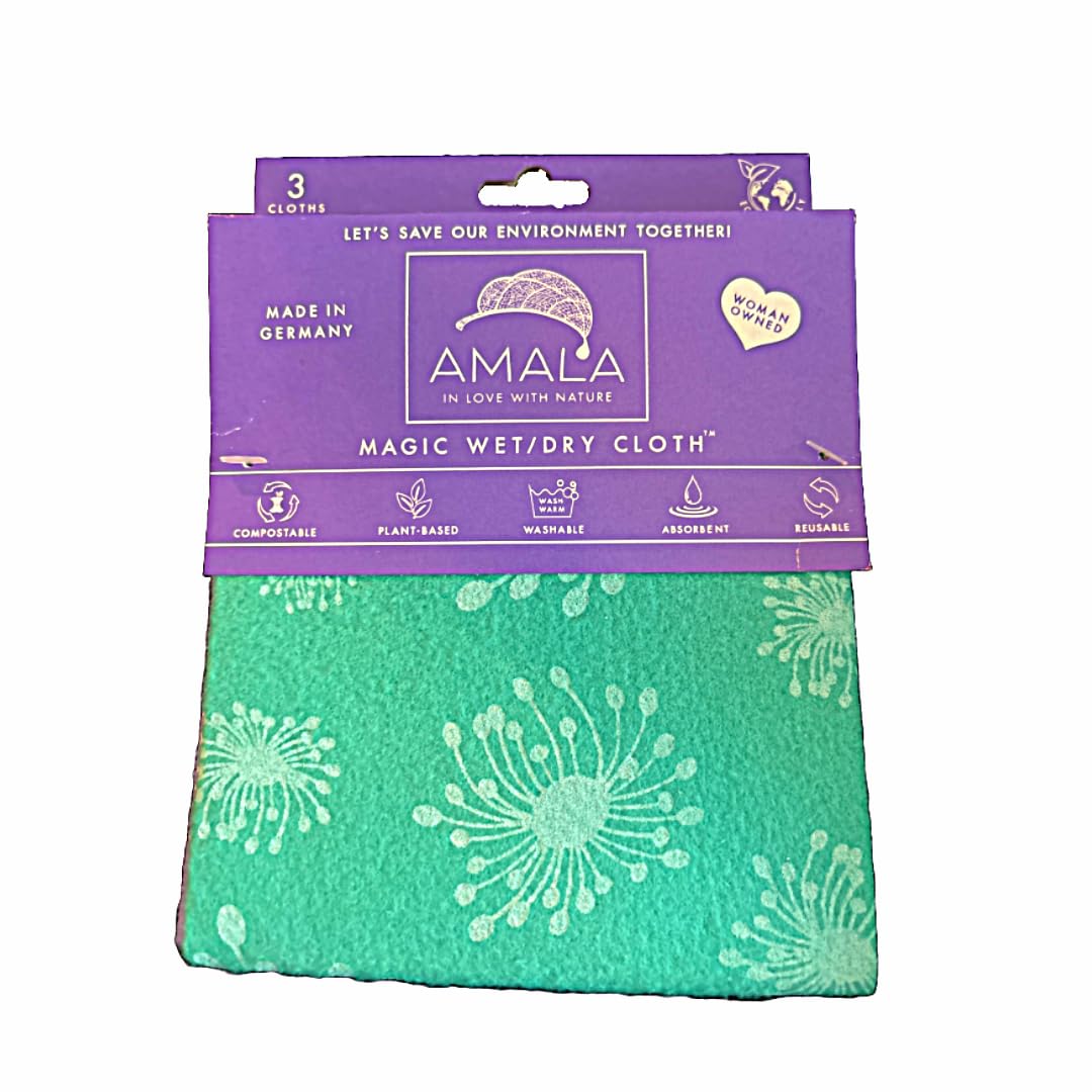Amala Magic Wet or Dry Cloth 12 x 14 (3-Pack) 100% Natural, Reusable German Dishcloths, Highly Absorbent, Vegan, Non-GMO