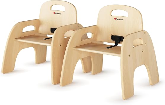 Foundations Simple Sitter Low Wood Feeding Chairs Multipack, Wide No-Tip Base, Adjustable Safety Harness, Stackable Wood Toddler Chairs with Wipeable Finish, 2 Pack, 9 inch