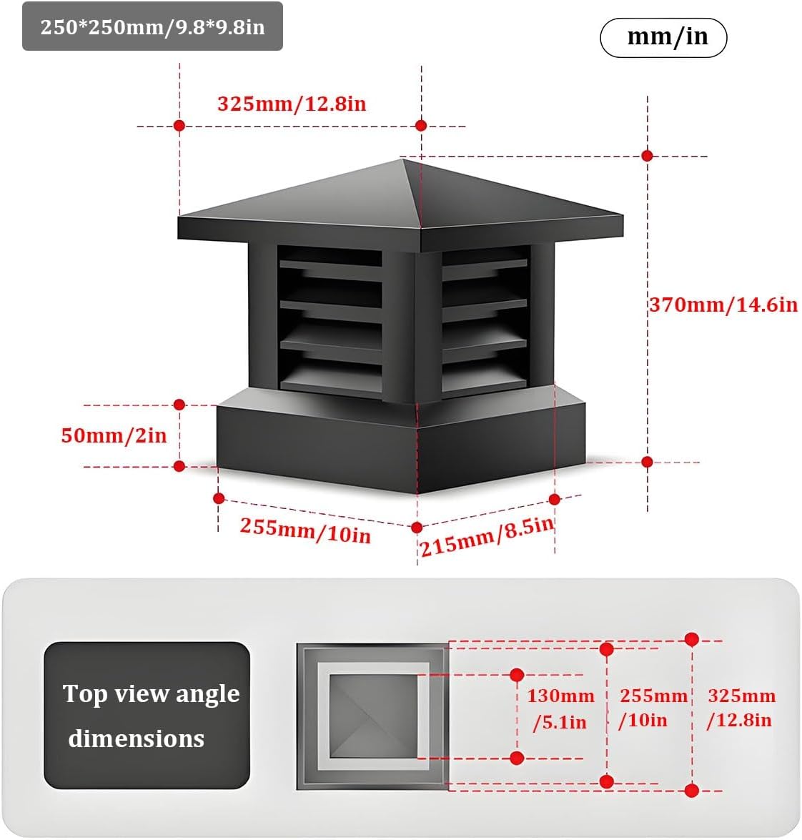 Aluminum Chimney Cap Rainproof Square，Outside Roof Fireplaces Caps，Durables Villa Accessory，Fireplace Flue Lid for Outside(250 * 250mm/9.8 * 9.8in)