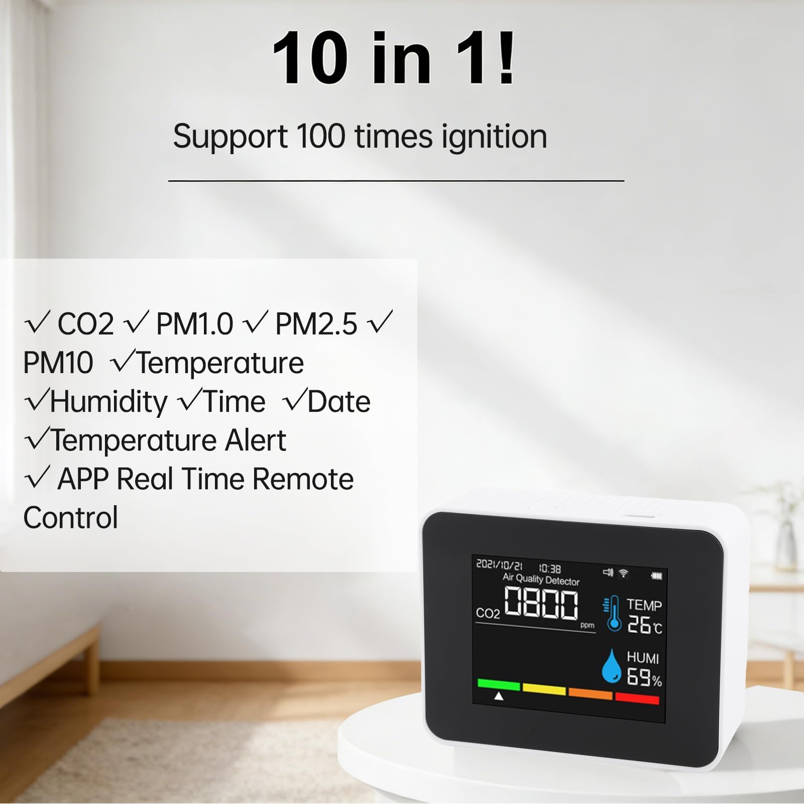 Detector de Calidad del Aire CO2 Portátil, Monitor de Aplicación Wifi, Temperatura/humedad/PM2.5/PM10, Pantalla LED, Batería Recargable, Hogar, Oficina y Coche (2CO9HB blanca)