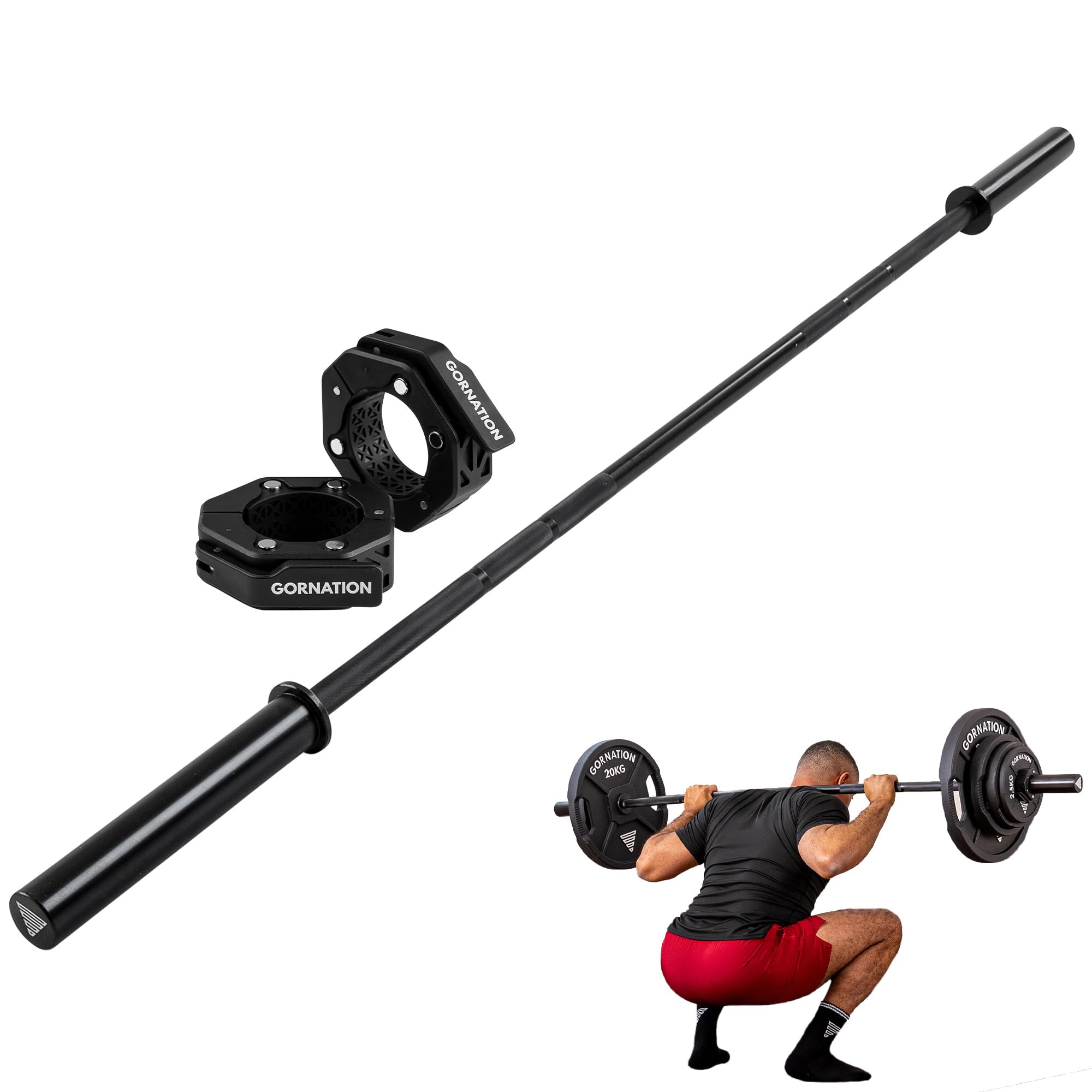 GORNATION Barre d'haltères 15kg, Barbell avec clips, Longueur 1,90 m