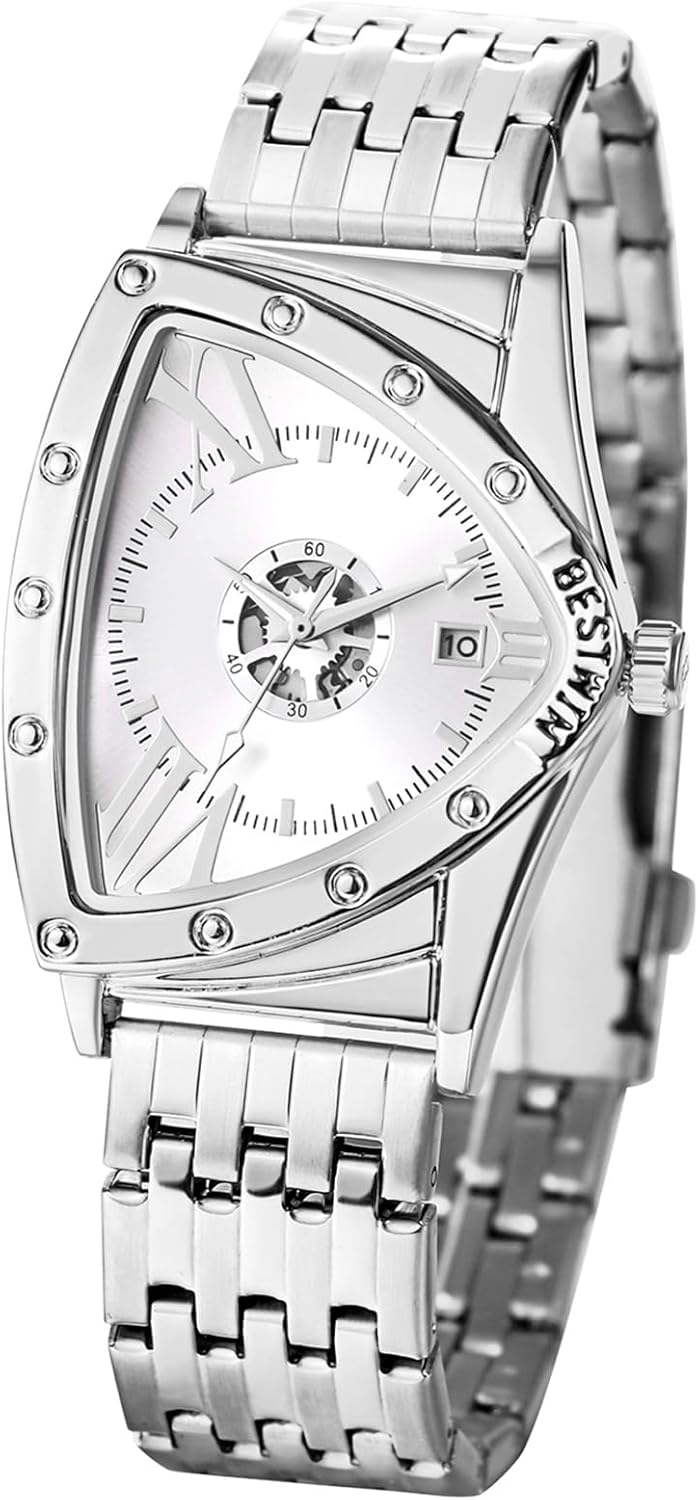 OIDEA Triangle Dial Watches for Men: Luxury Gold Tone Analog Quartz Wrist Watch Waterproof Calendar Stainless Steel Detachable Strap Casual Bussiness Dress Wristwatch