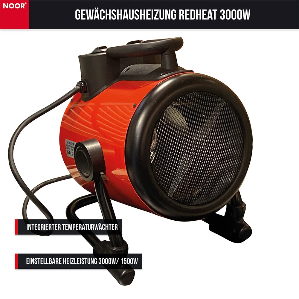 NOOR Gewächshausheizung RED HEAT - 3000W Edelstahl-Heizelemente mit Thermostat - elektrischer Heizlüfter IP24 spritzwassergeschützt - Schnellaufheizung, Temperaturwächter für 30 m² & TÜV-zertifiziert