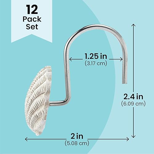 Miniatura 4 de Juvale Ganchos para cortina de ducha Seashell – Paquete de 12 unidades, acero inoxidable, 2 x 2.4 pulgadas, estilo mediterráneo, tema de playa y