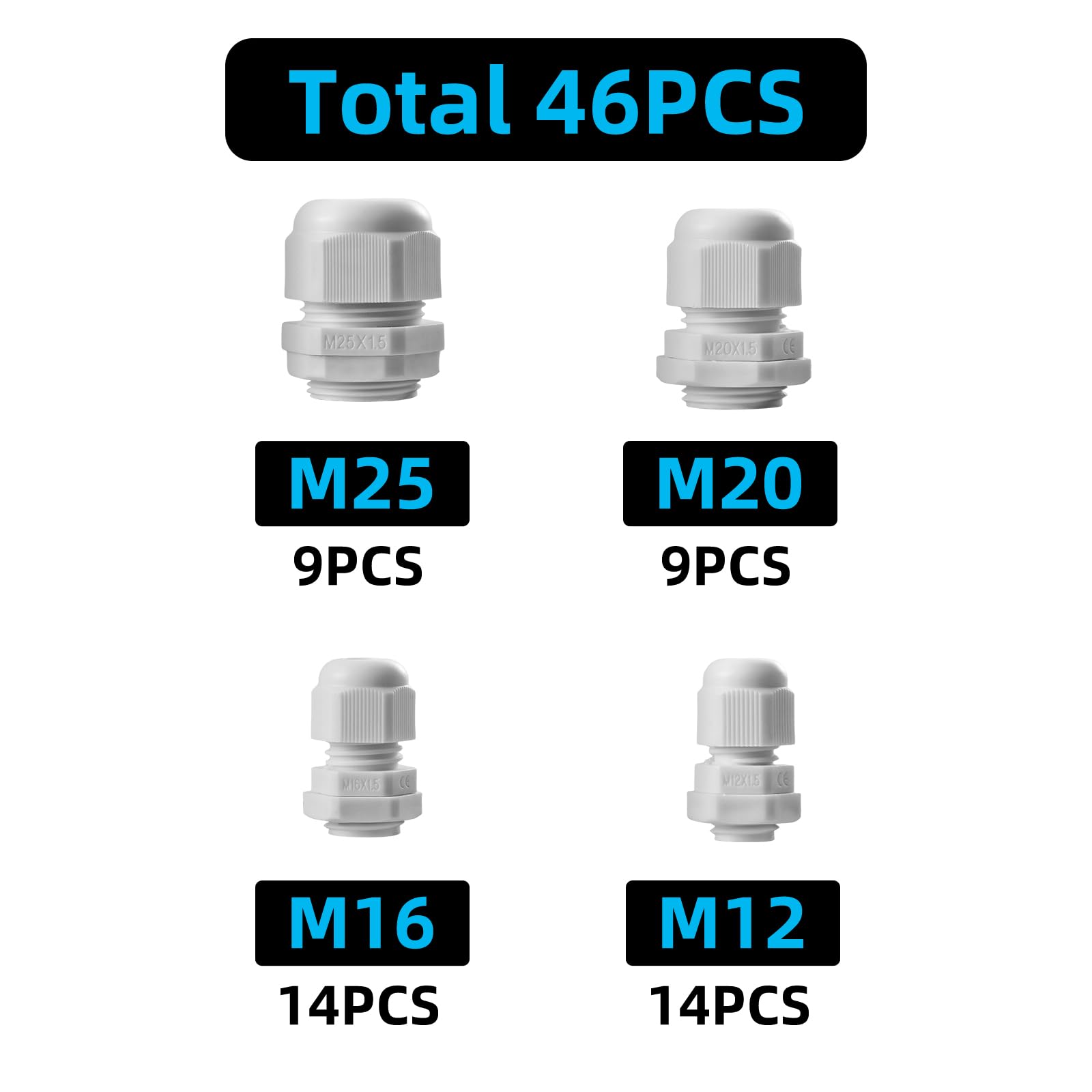 Cable Glands Mixed Set, 46PCS Waterproof Stuffing Glands M12 M16 M20 M25 - Image 2