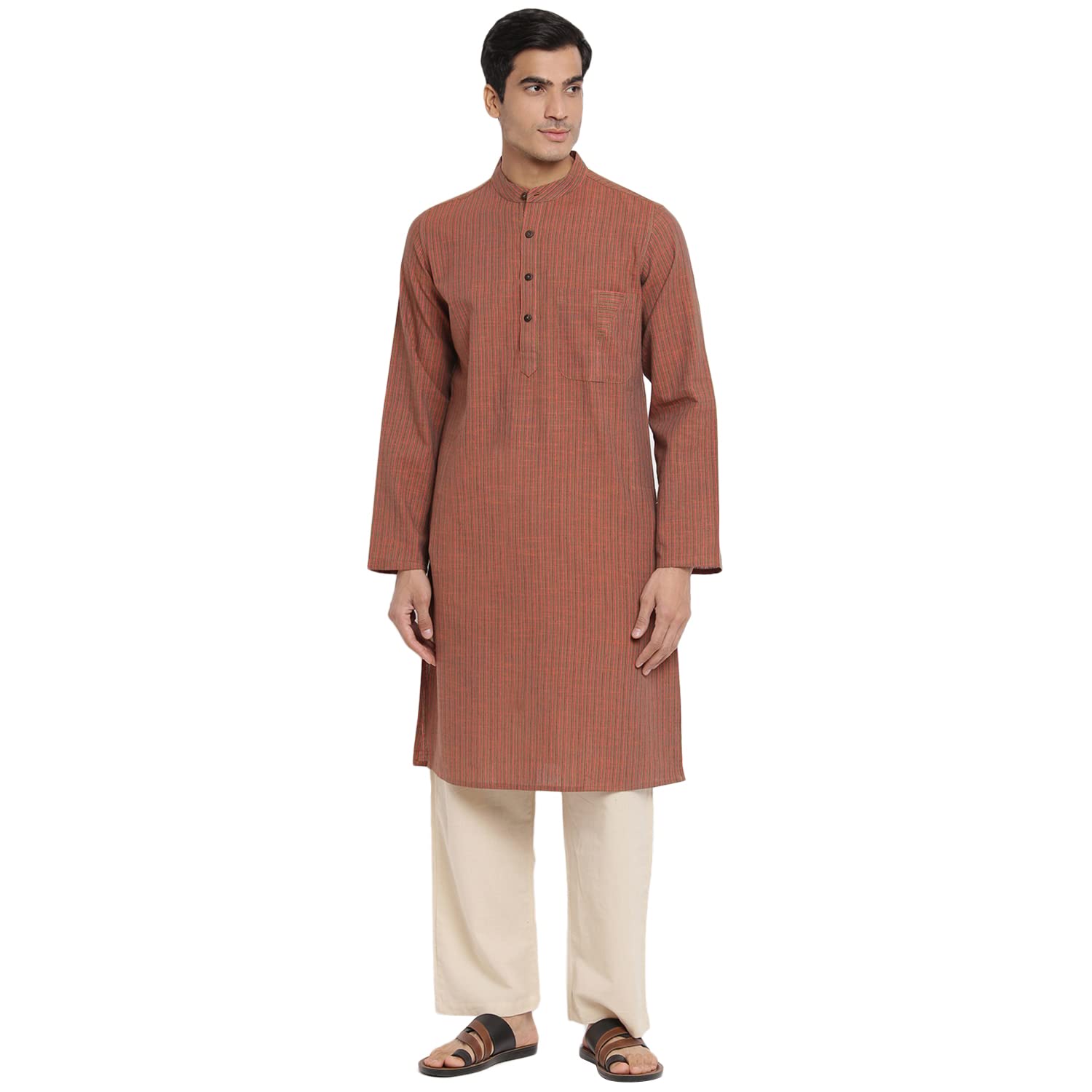 Fabindia Men Cotton Striped Slim Fit Long Kurta Brown_Xs