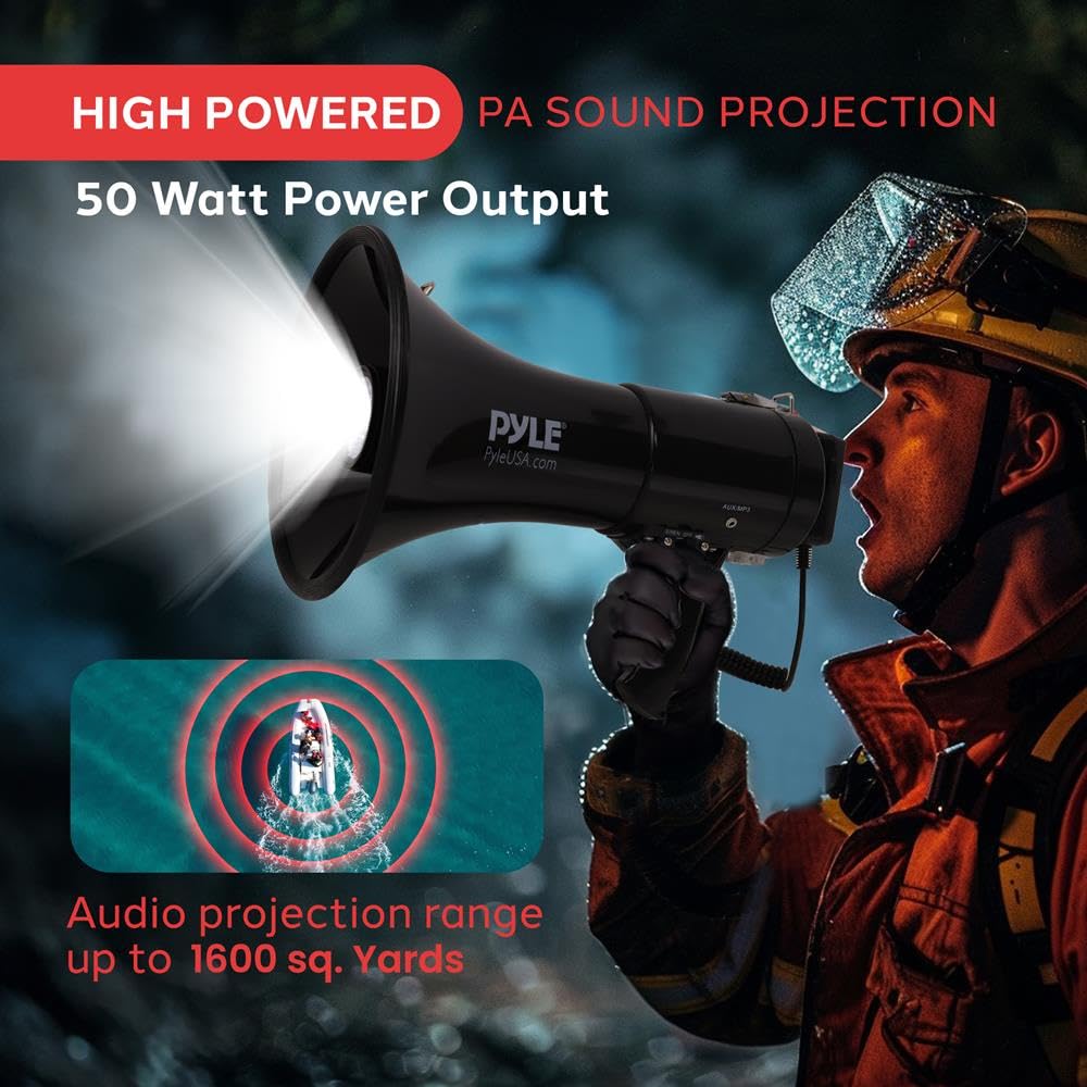 Pyle Altavoz megáfono PA Compacto portátil, megáfono Recargable de 50 W con Sirena, Volumen Ajustable, Altavoz de Mano Ligero, para Entrenadores, árbitros y Salvavidas