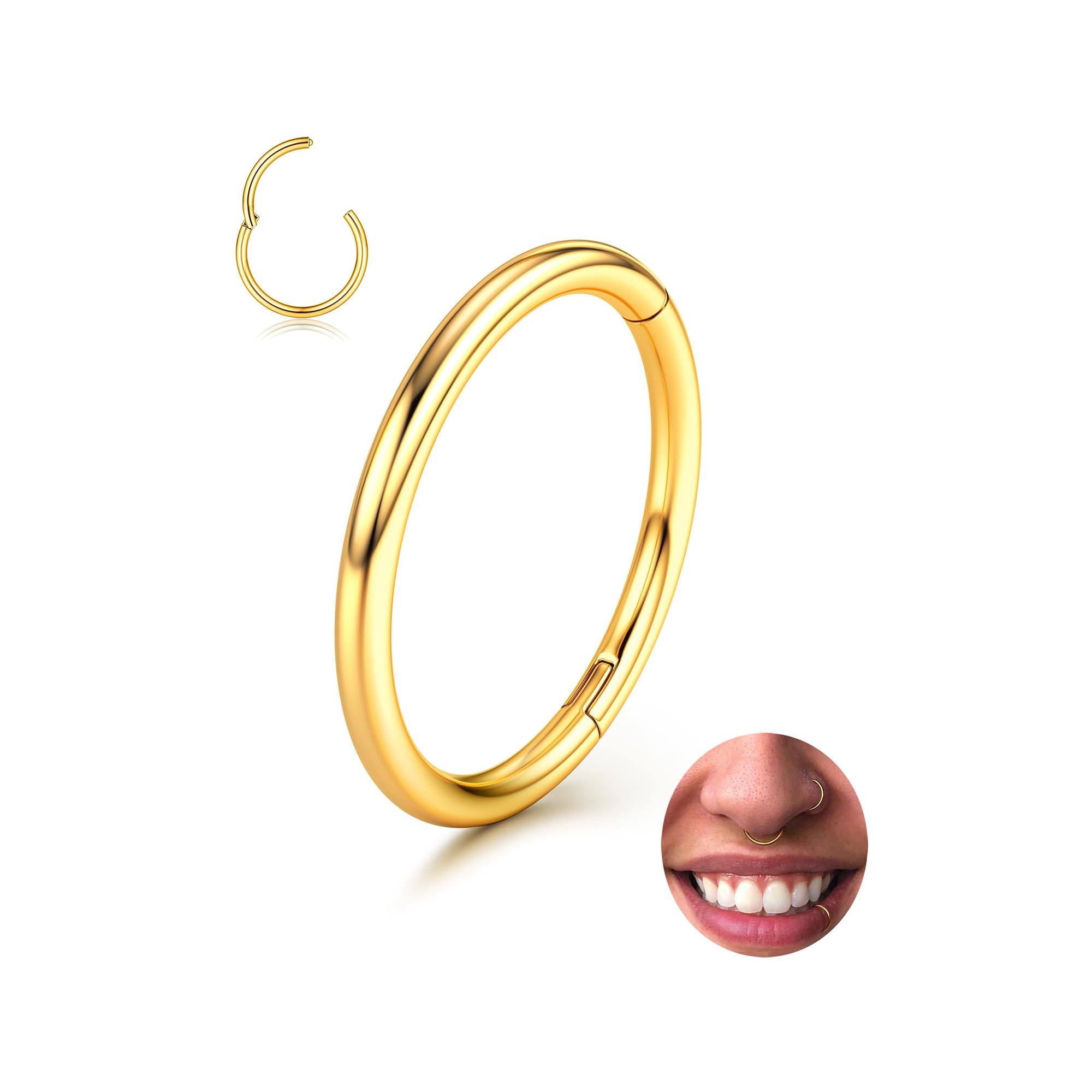 BodyBonita Piercing Nariz Aros con Bisagra - 316L Acero Quirúrgico sin Costuras Septum Piercing Labio CartíLago Hélix Daith Caracola Trago Torre Oro/Plata/Negro/Oro Rosa/Azul/Arcoíris — view 10