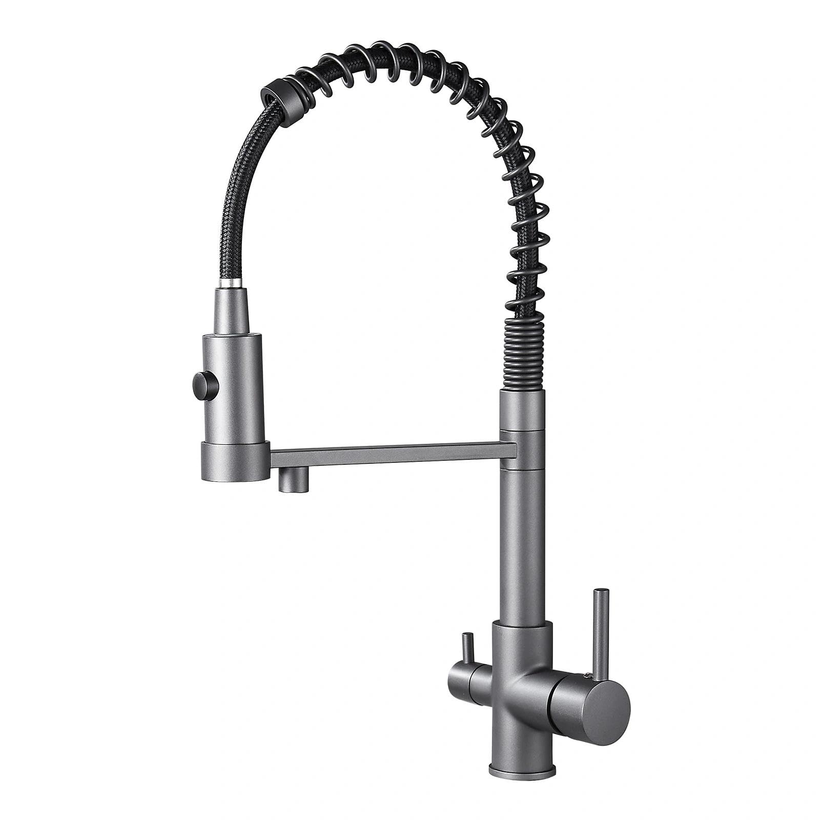 Grifo de cocina de 3 vías, grifo de agua potable con resorte en espiral, giratorio en 360°, grifo de cocina con ducha extensible, mezclador 3 en 1 para filtro de agua (3 vías（01）, gris)
