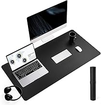 YSAGi Mouse Compatible Large Leather Desk Mat, Suede Backing, Non-Slip, 0.08 in. (2mm), Water/Oilproof, Insulated, Easy Care, Home and Office Decor, 35.4 x 16.9 in. (90 x 43 cm), Black