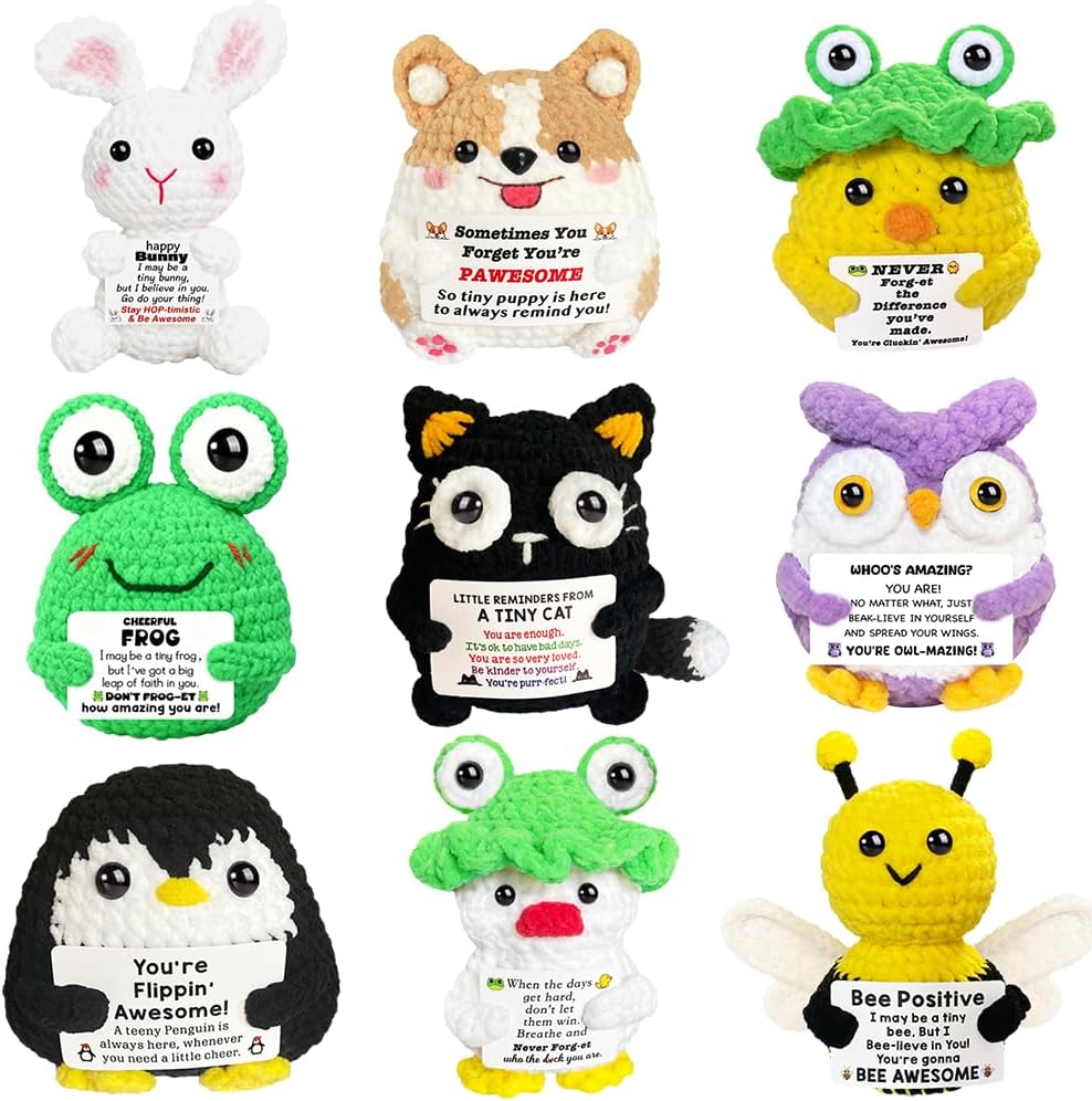 9pcs Positive Crochet Animals with Uplift Support Messages Funny Desk Gifts