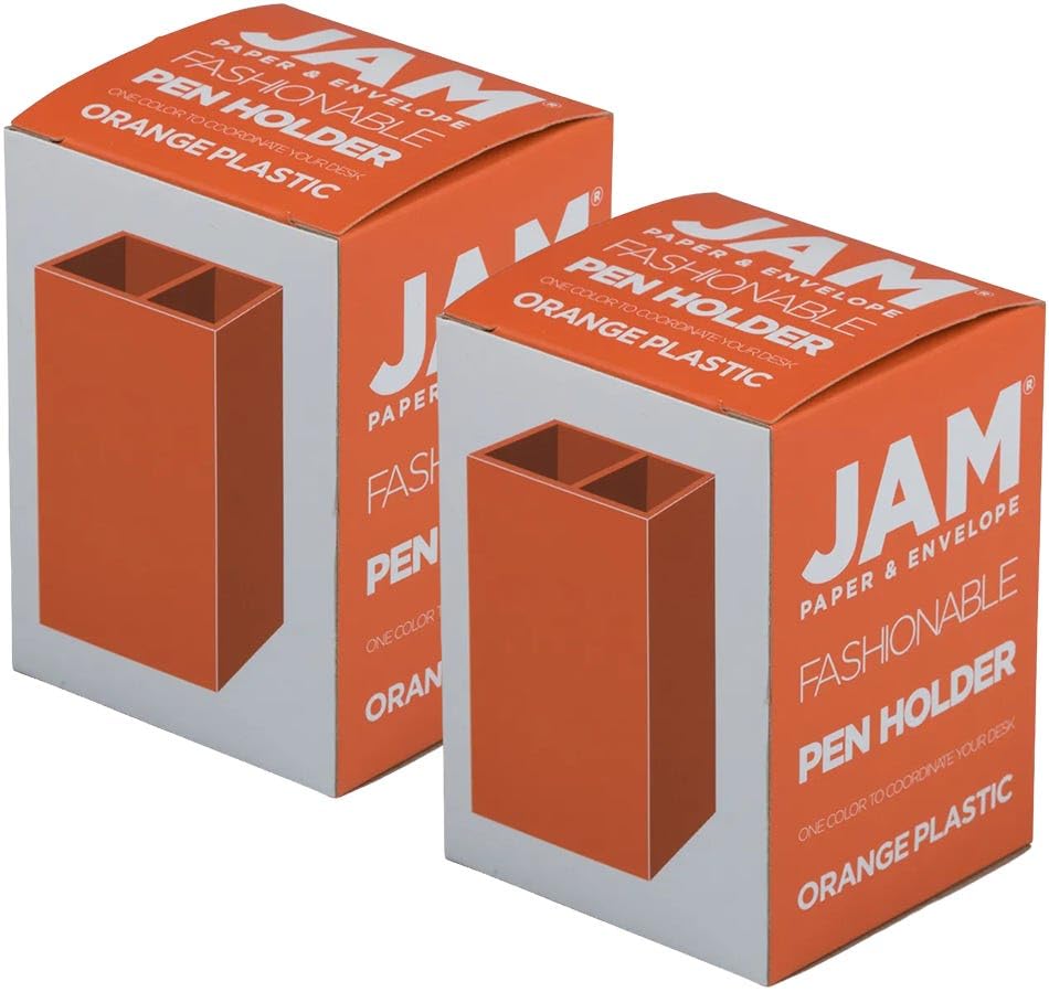 Image of JAM PAPER Plastic Pen Holders - Orange Desktop Pencil Cups - 2 /Pack