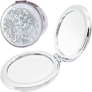 [AiO JAPAN] 鏡 コンパクト ミラー キラキラ グリッター 丸型 手鏡 通常鏡 拡大鏡 2面ミラー 折りたたみ式 ポケットサイズ 薄型 軽量 ポータブル 携帯用 (シルバー)