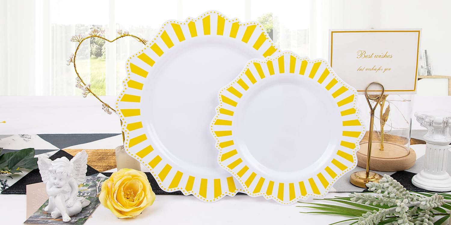 COLOSUS 150pcs Disposable White Lemon Yellow Striped Plastic Party Plates and Silverware set, Yellow Dinner/Dessert Plates silverware 30guests for Easter Birthday Weeding Party and Daily use.