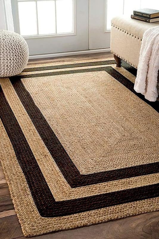 Image of F R Creation Jute Reversible Braided Natural & Handwoven Jute Carpet, Carpet for Living Room Braided Rug, Offices Carpet, Guest Room Size (9X12 Feet Beige and Black)