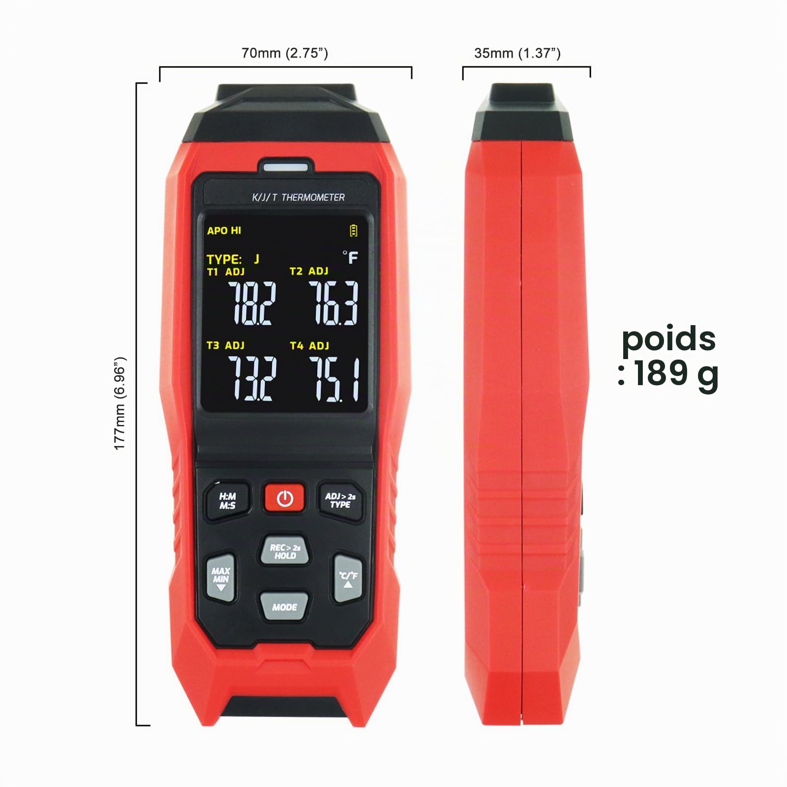 Thermomètre à Thermocouple Numérique avec Enregistreur de Données, Appareil de Mesure de Température à 4 canaux (Types K/J/T) et Alarme Sonore et Visuelle, Plage de 200 à 1372 °C