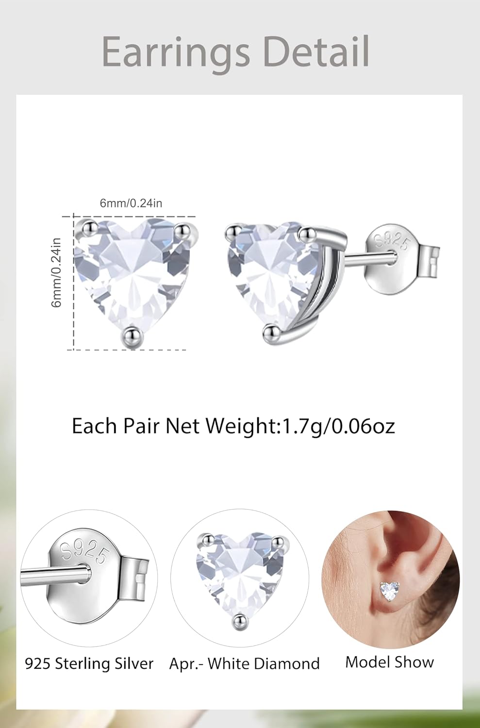 Vito Valentine's Day Earrings Gift, 925 Sterling Silver Birthstone Stud Earrings for Women, Heart Cubic Zirconia Hypoallergenic Ear Studs Jewelry Birthday Gift for Mom Wife Daughter Grandma - Image 3
