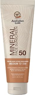 Australian Gold SPF 50 Tinted Mineral Face Sunscreen, Medium to Tan, 2.5 fl oz, Broad Spectrum, Non-Greasy BB Cream with
