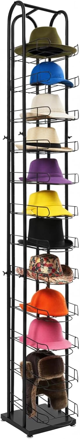 12-Tier Floor Standing Hat Rack, 78" H Metal Hat Display Stand, Retail Hat Organizer Cap Rack, Hats Racks Stands for Baseball Caps Wigs Bags Scarves Gloves for Home Clothing Store(Black)
