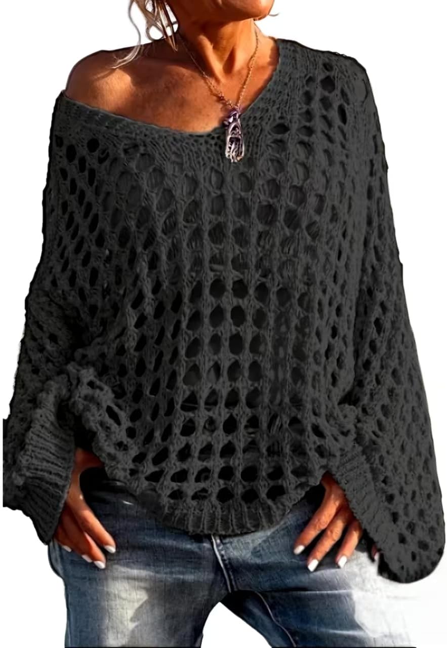 Women's Crochet Knit Pullover Sweater, Long Sleeve, Loose Fit, Lightweight