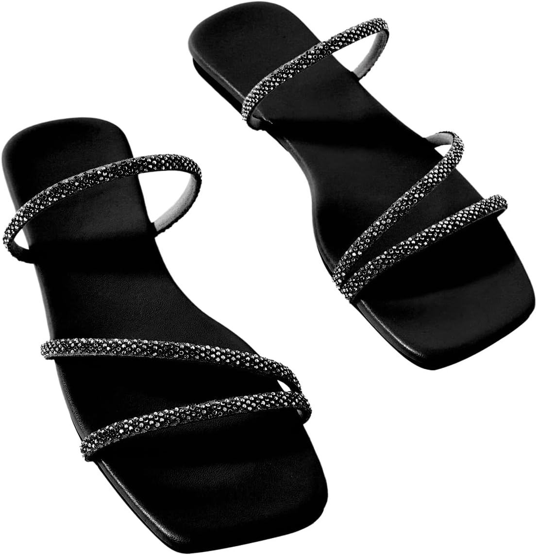 GORGLITTER Women's Rhinestone Flat Sandals Strappy Slip on Open Toe Slide Sandals