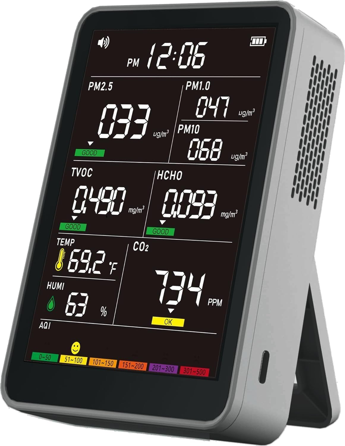 Professional Indoor Air Quality Monitor with AQI Alerts, Portable Real-Time Detector for Home, Car, Plants & Pet