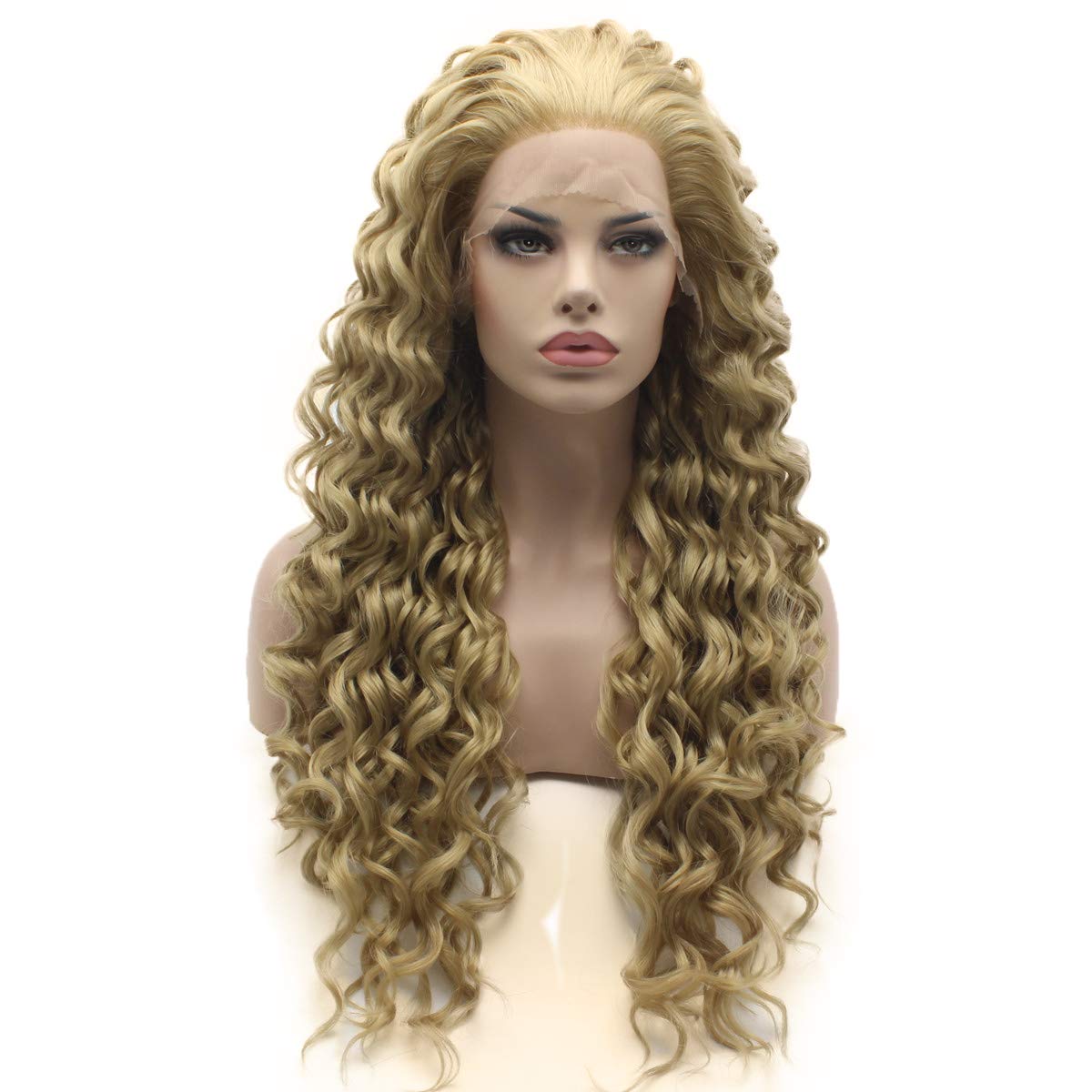 Lushy Hair Long Kinky Curly Ash Blond Wig Half Hand Tied Heat Friendly Synthetic Lace Front Wig