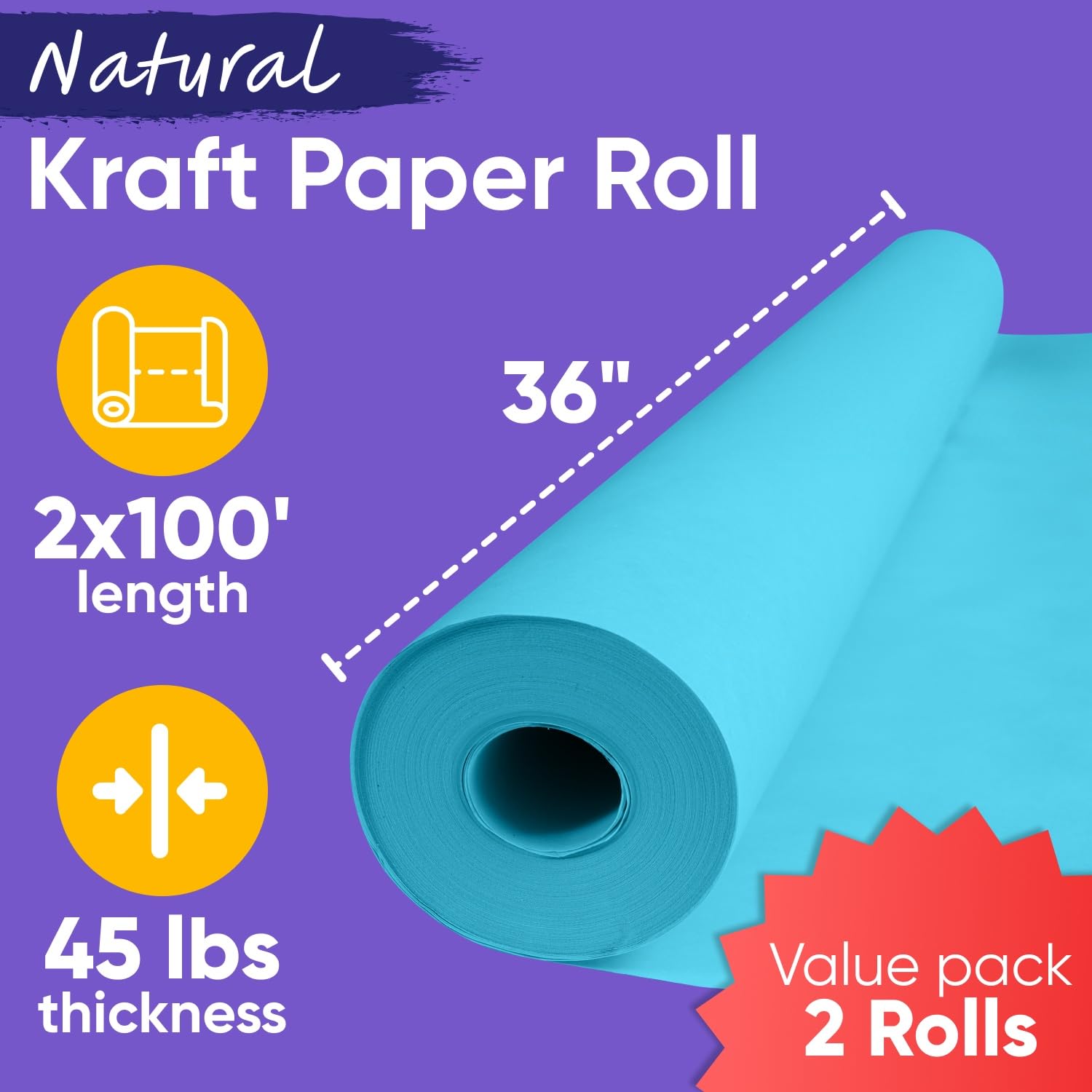 Paclord Jasnoniebieska rolka papieru kraft 36 x 1200 cali (100 stóp) (opakowanie 2 sztuki) grubość 100 funtów, wykonana w USA, kolorowy papier pakowy do szkoły, bez zapachu, nie