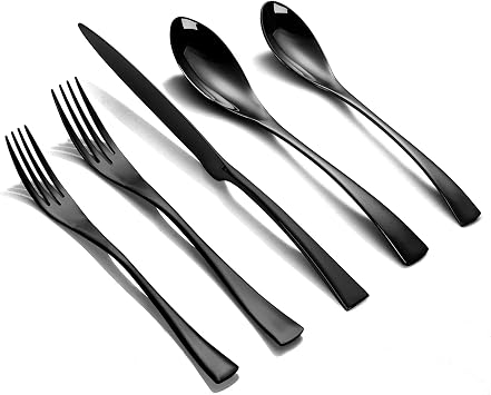Lemeya 20-Pieces Black Silverware Set for 4,Heavy Duty 18/10 Stainless Steel Flatware Set with Forged Stand Knives,Modern Cutlery Utensil Set,Mirror Polished,Dishwasher Safe