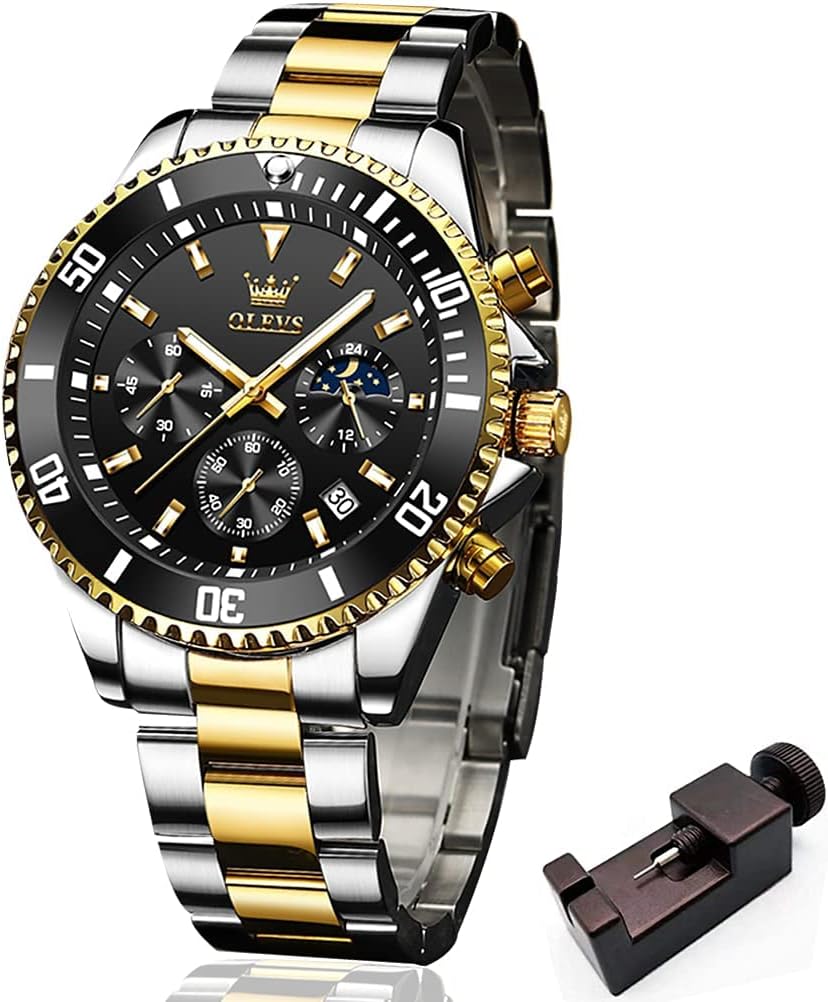 OLEVSMens Watch Watches Stainless Steel Waterproof Date Analog Quartz Fashion Business Chronograph Moon Phase Wrist for Men Black and Gold 2870 (2870-1), Black Gold Silver, Luxury Men Watches