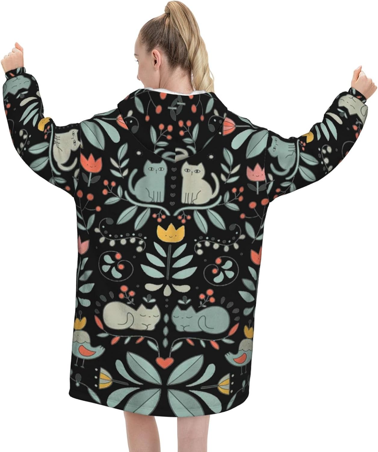 Funny Cats Birds And Flowersprint Oversized Hoodie Blanket, Super Soft Warm Comfortable Hoodie, Wearable Blanket Adult