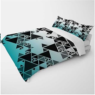 YANFENQI Queen Size Boho Duvet Cover White Cyan Teal Gradient Geometric Checked Country Style Bedding for Kids Teens Adults (Queen,90