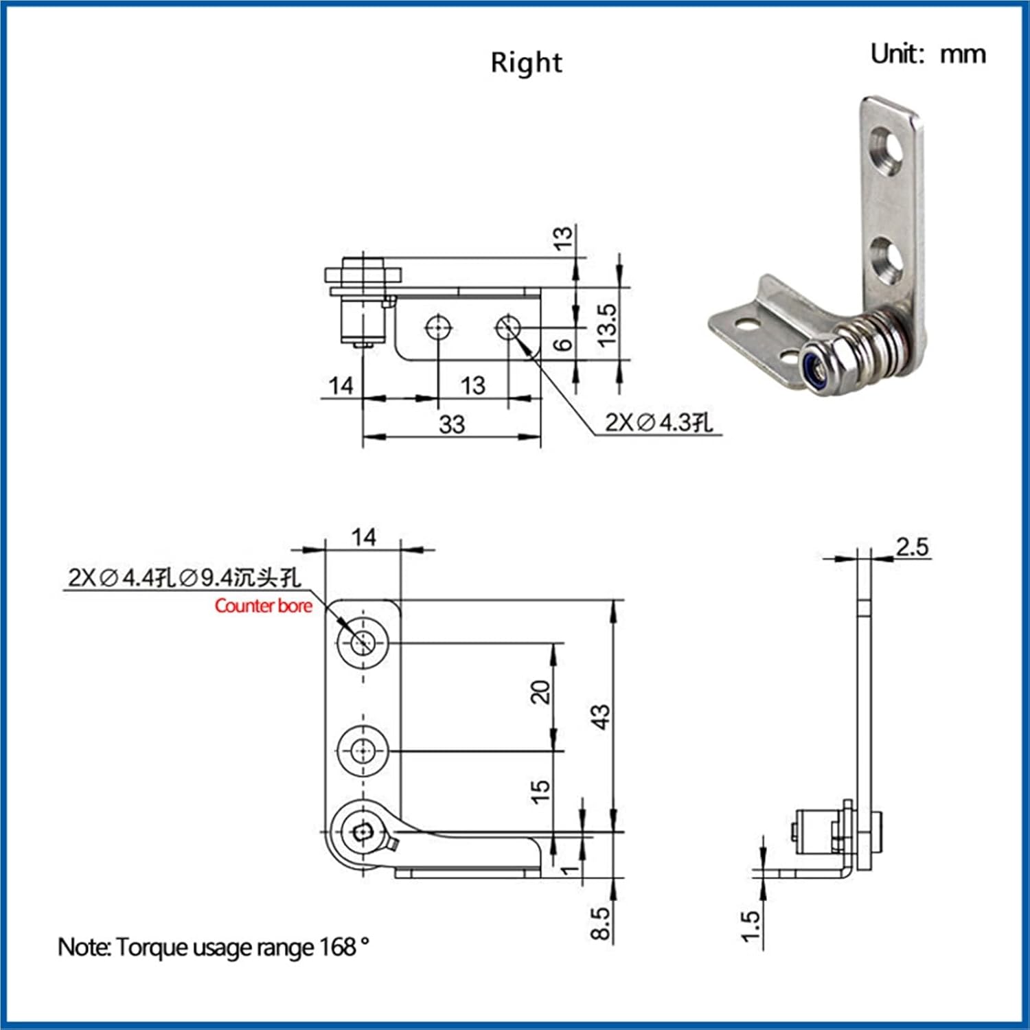 Damping Hinge Stainless Steel Strip Adjustable Torque Shaft Positioning Automation 1Pcs(Right,0.8N.m)