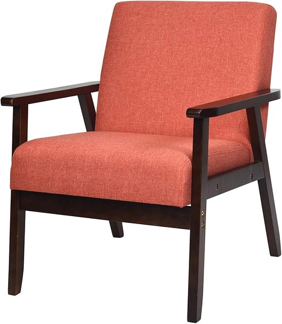 COSTWAY Linen Fabric Accent Chair, Upholstered Single Sofa Lounge Tub Armchair with Rubber Wood Legs, Occasional Leisure Chair for Living Room, Bedroom and Office (Orange)