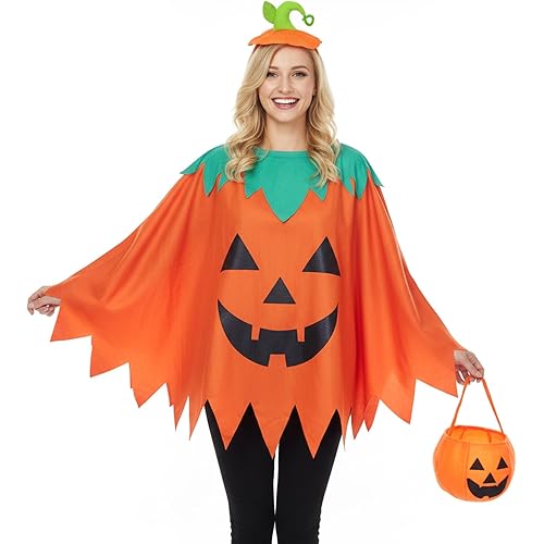 Apragaz 3 Pcs Halloween Pumpkin Costume for Women,Adult Pumpkin Costume with Headband and Candy Bag, Easy and Funny Halloween Costumes for Women